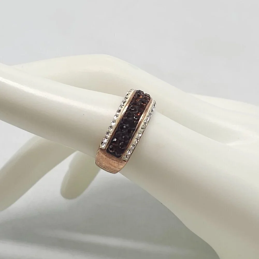 Gold Plated Ring Brown Clear Crystal Accents Size 7 Elegant Sparkling Design